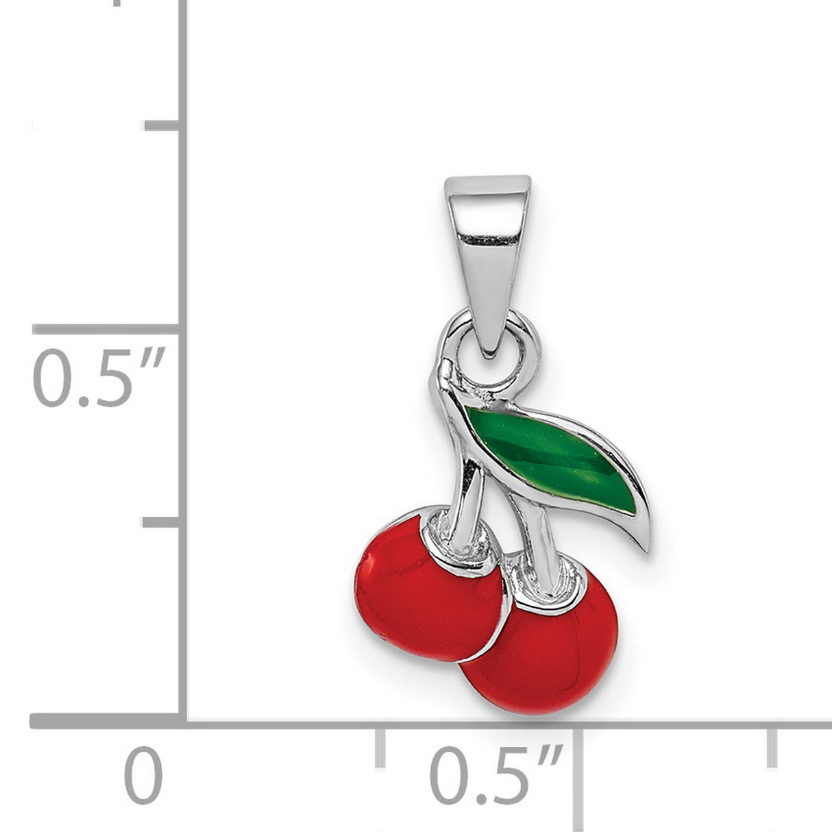 Sterling Silver Cherry Pendant with Red Enamel Cherries and Green Leaf Detail
