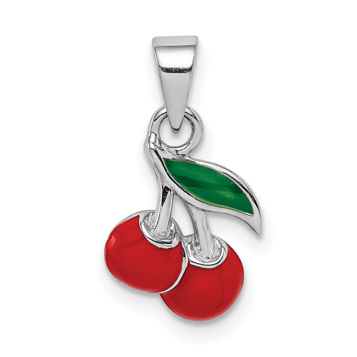 Sterling Silver Cherry Pendant with Red Enamel Cherries and Green Leaf Detail