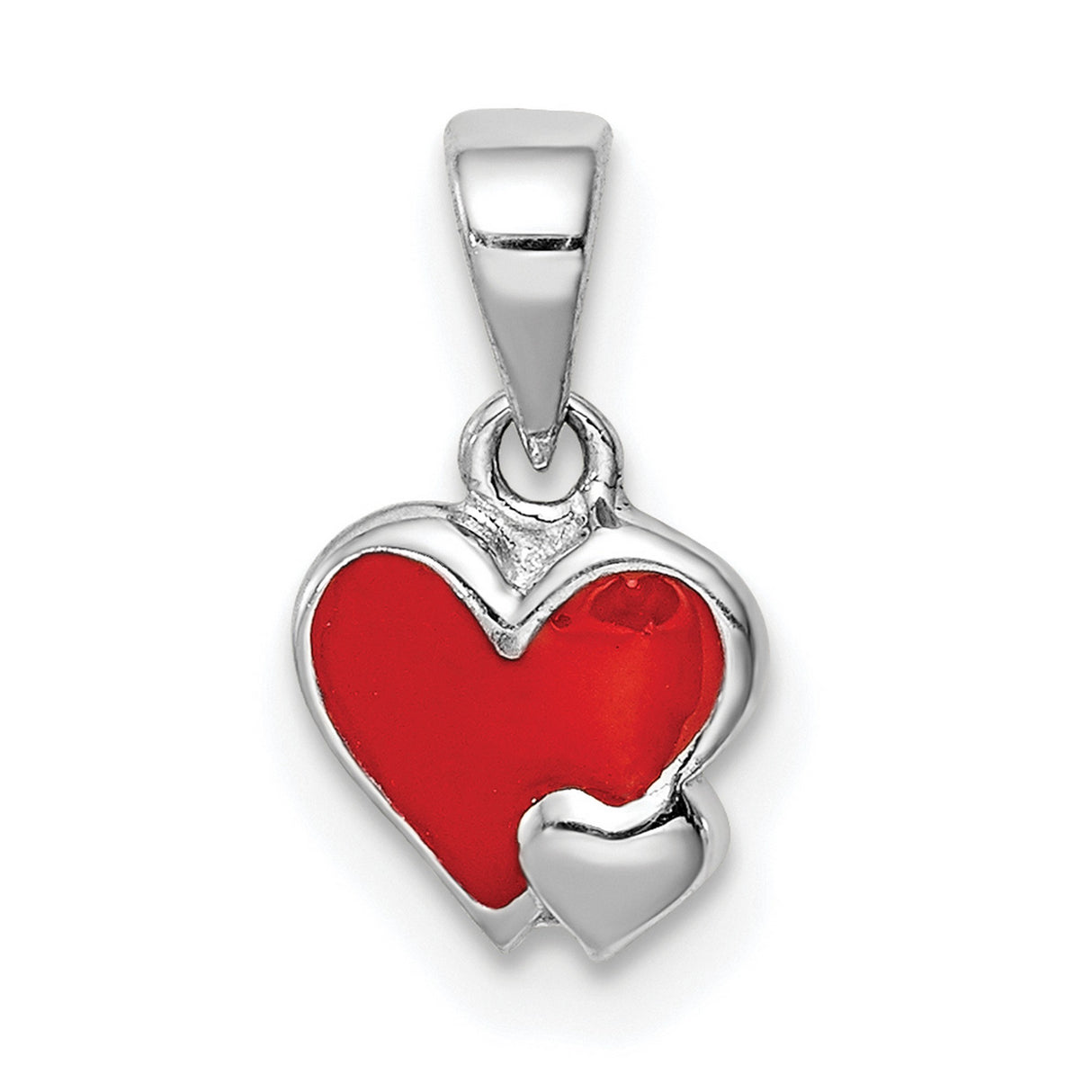 Sterling Silver Heart Pendant with Bold Red Enamel Center and Overlapping Heart Design
