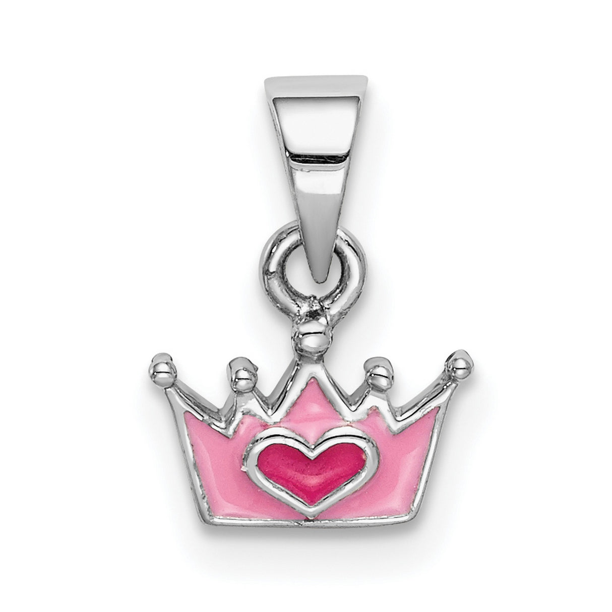Sterling Silver Heart Pendant with Pink Enamel Crown Design, Princess Theme for Girls and Teens