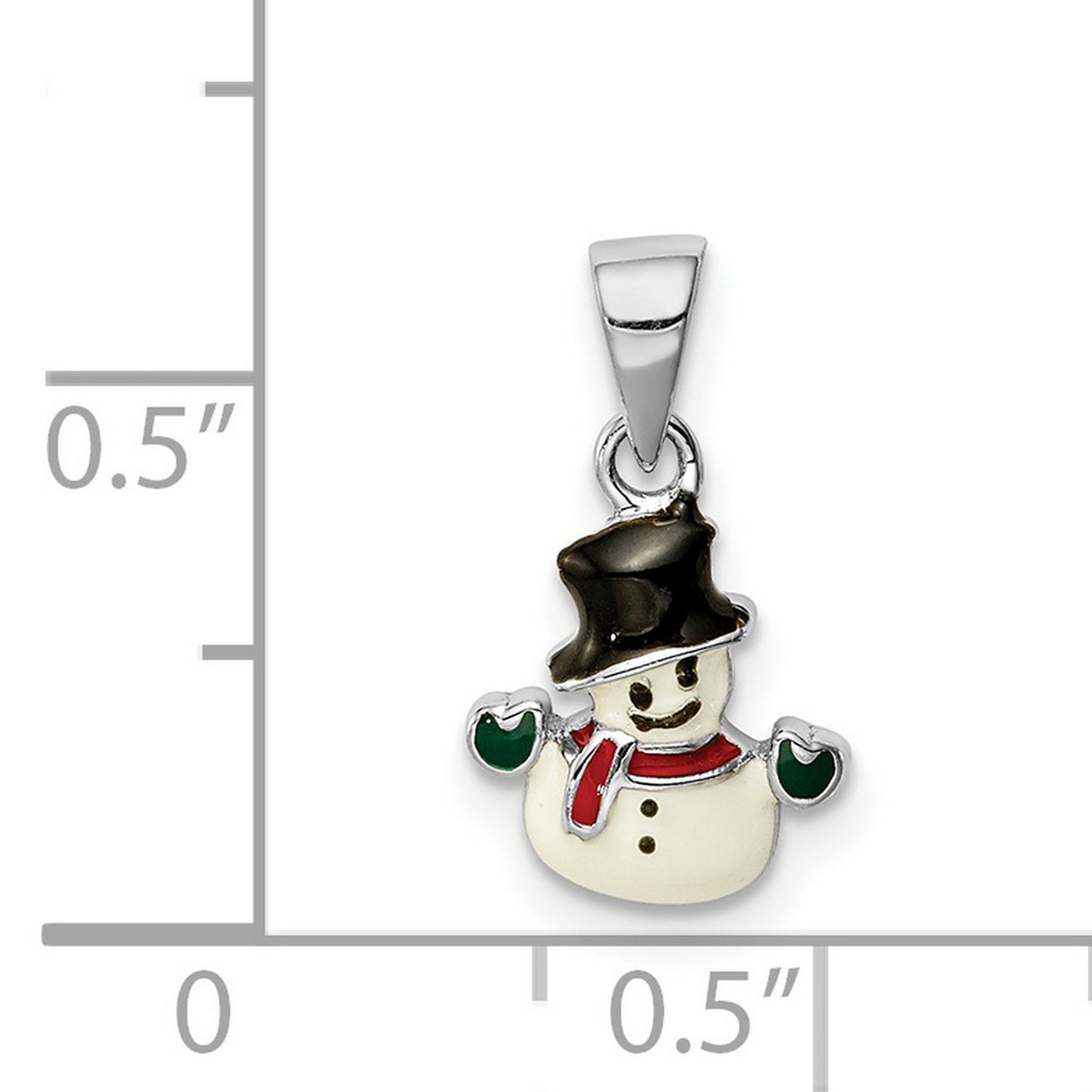 Sterling Silver Snowman Pendant with Black Hat, Red Scarf, Green Mittens - Holiday Jewelry Charm