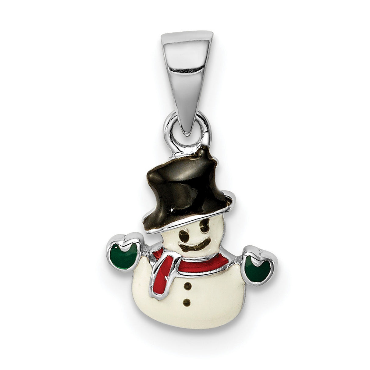 Sterling Silver Snowman Pendant with Black Hat, Red Scarf, Green Mittens - Holiday Jewelry Charm