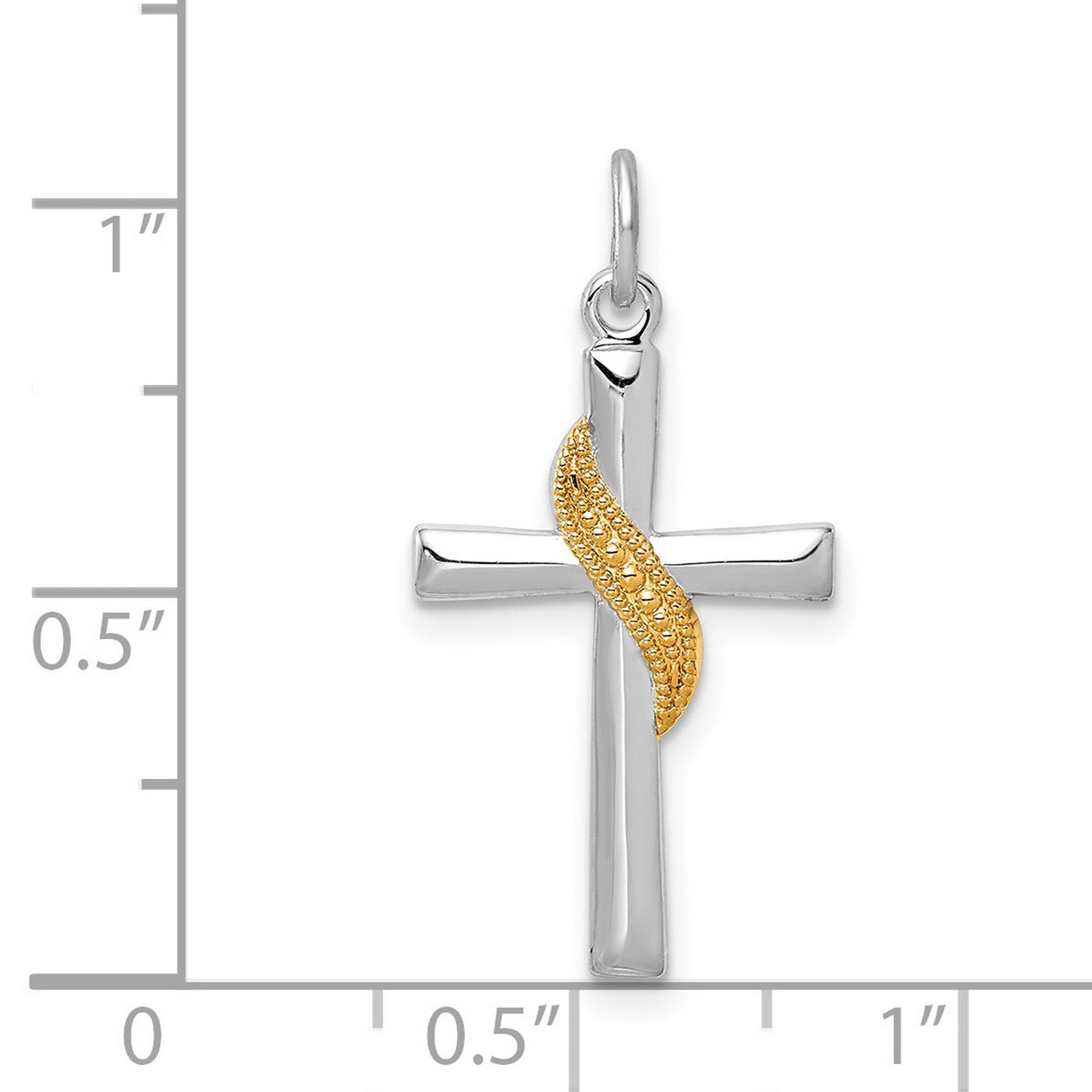 Sterling Silver Cross Pendant with Gold Flame Detail and Beveled Edges