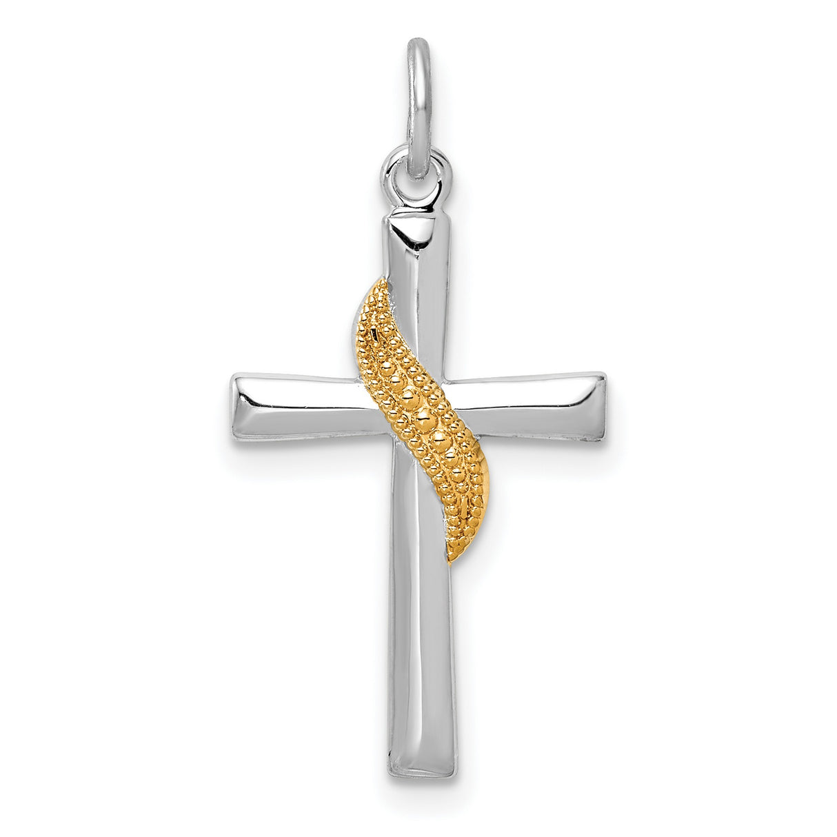Sterling Silver Cross Pendant with Gold Flame Detail and Beveled Edges
