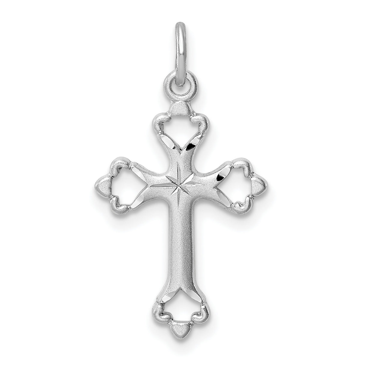 Sterling Silver Cross Pendant with Etched Starburst Design and Floral Accents