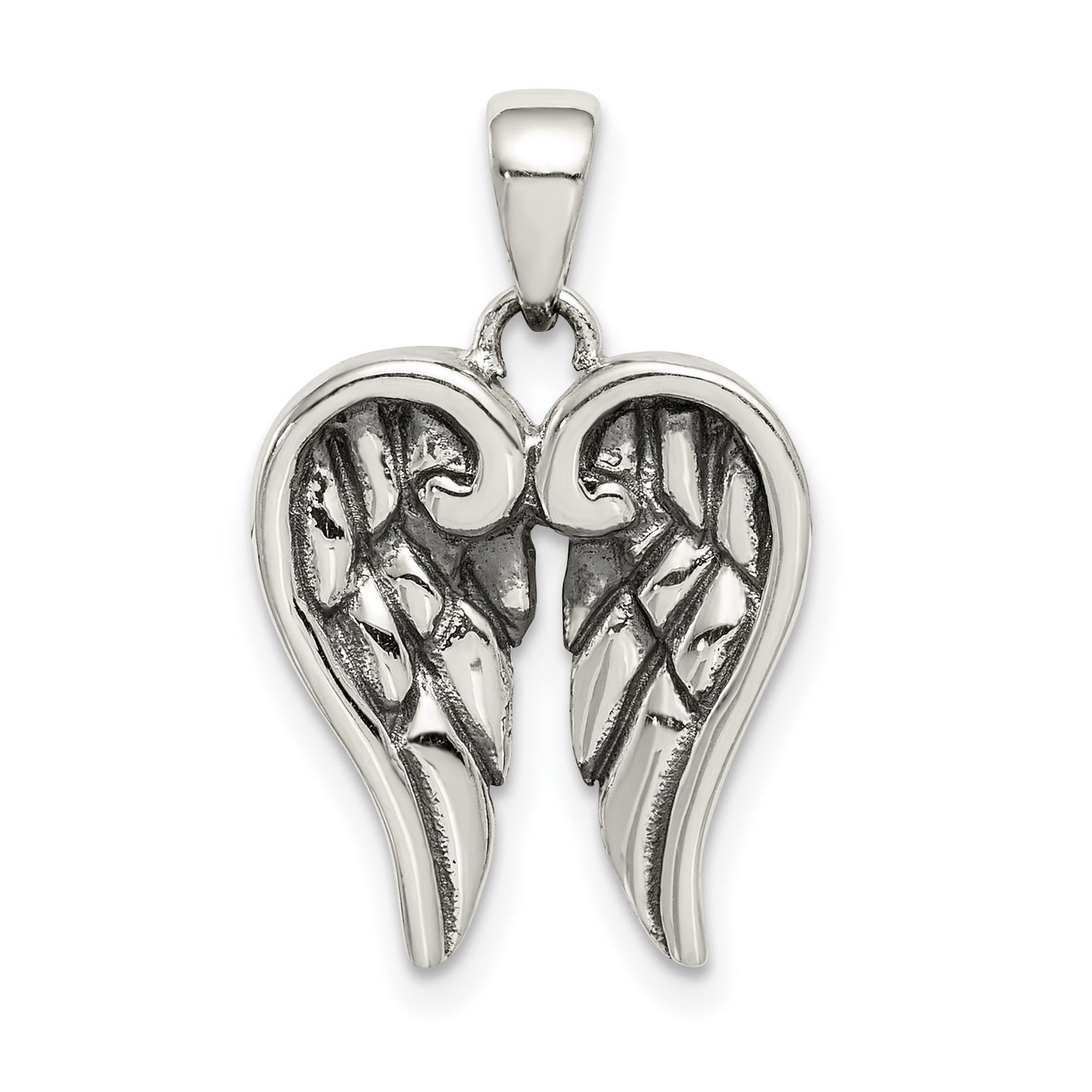 Sterling Silver Angel Wings Heart Pendant with Feather Engravings, Memorial Charm