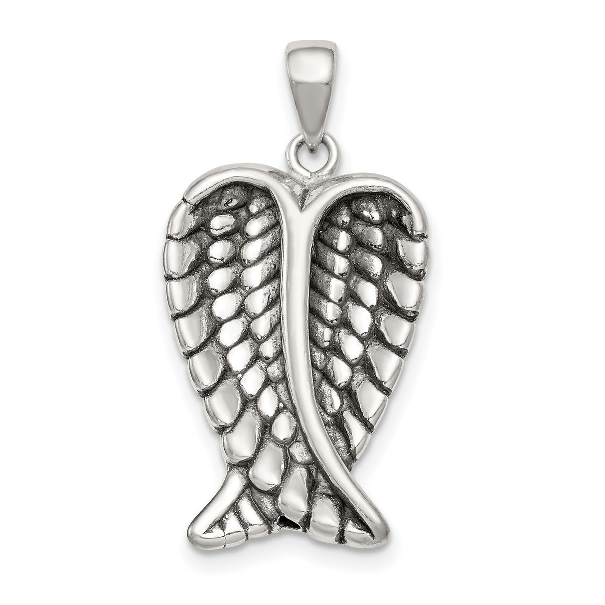 Sterling Silver Angel Wings Pendant with Textured Feather Design, Christian Faith Jewelry