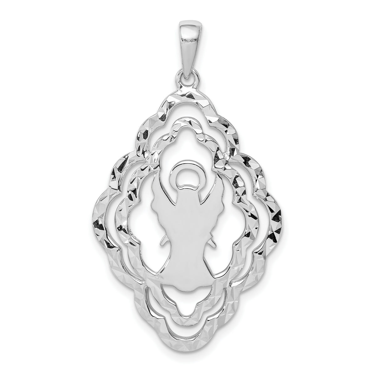 Sterling Silver Angel Pendant with Scalloped Edges and Guardian Angel Design