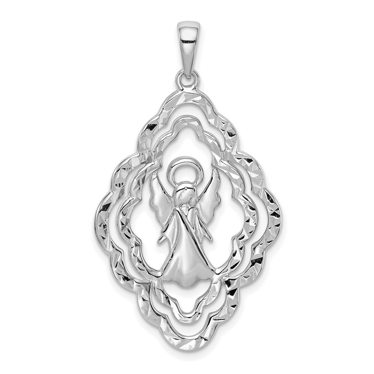 Sterling Silver Angel Pendant with Scalloped Edges and Guardian Angel Design