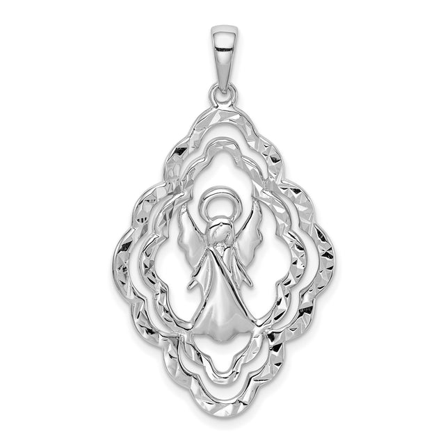 Sterling Silver Angel Pendant with Scalloped Edges and Guardian Angel Design