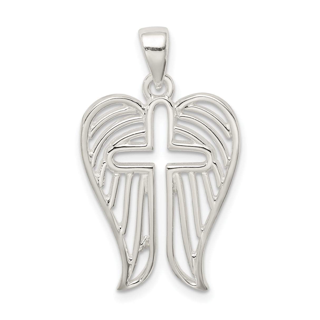 Sterling Silver Cross Pendant with Angel Wings and Textured Feather Detail