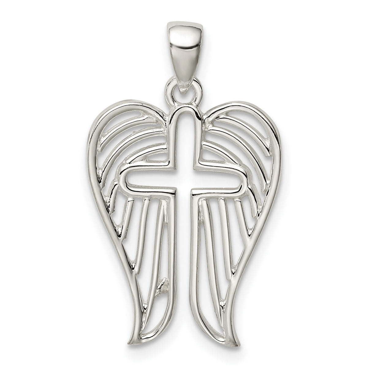 Sterling Silver Cross Pendant with Angel Wings and Textured Feather Detail