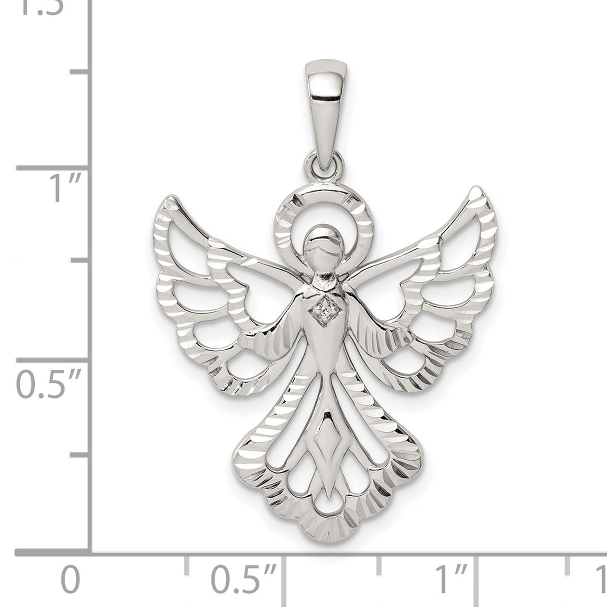 Sterling Silver Angel Pendant with Openwork Wings and Diamond Accent for Women