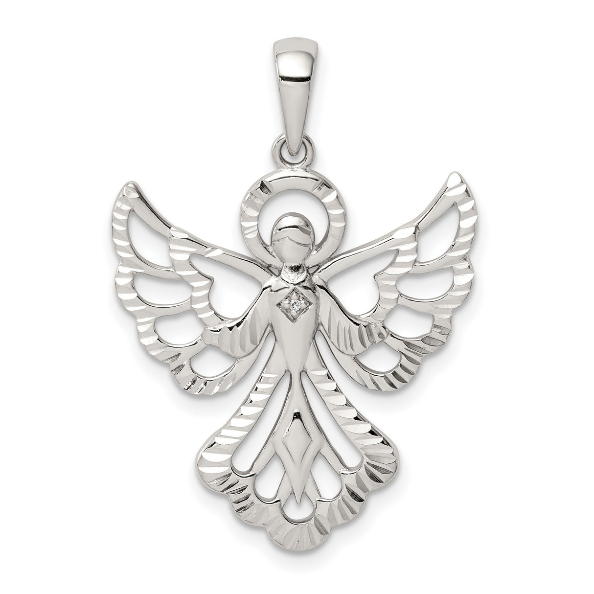 Sterling Silver Angel Pendant with Openwork Wings and Diamond Accent for Women