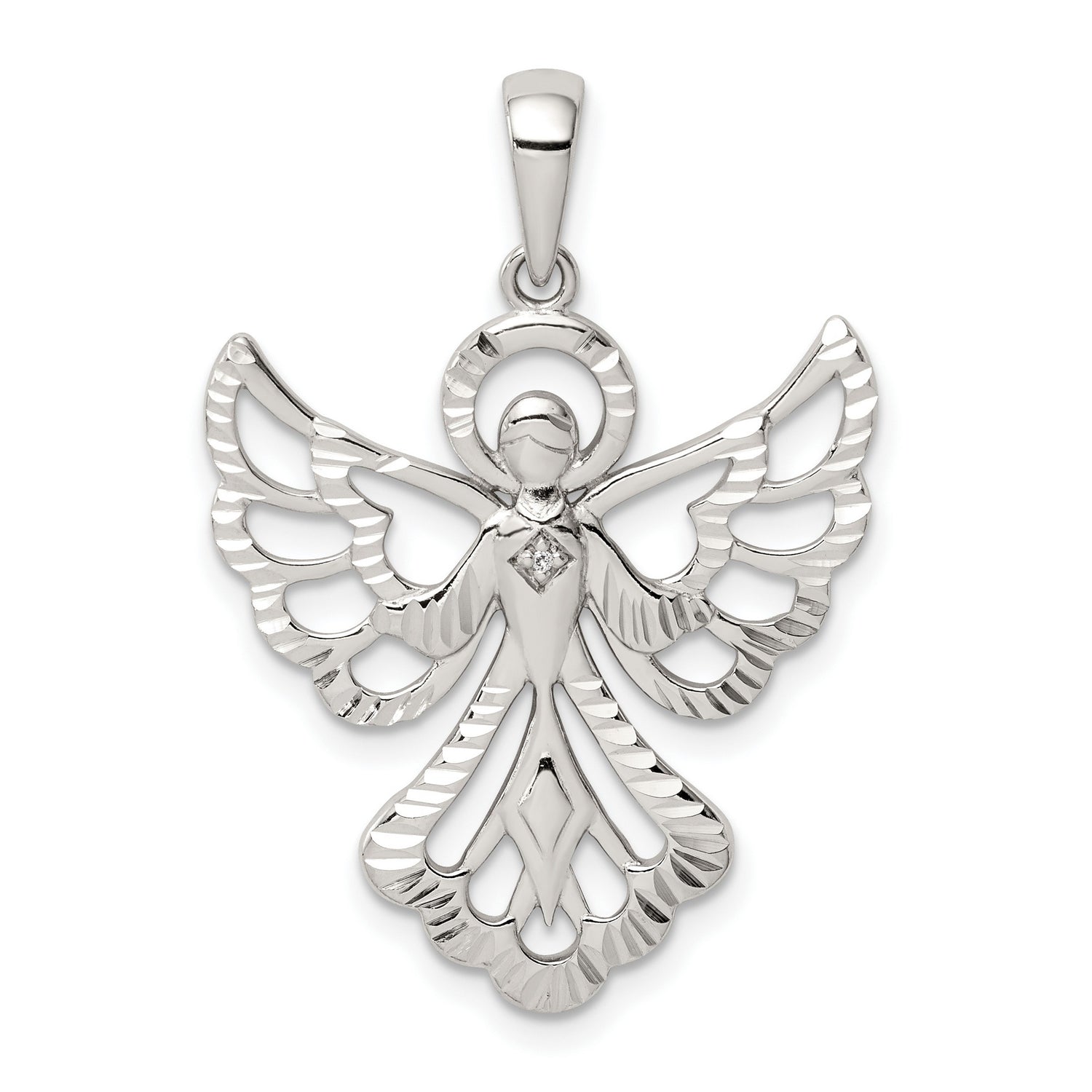 Sterling Silver Angel Pendant with Openwork Wings and Diamond Accent for Women