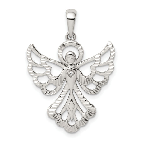 Sterling Silver Angel Pendant with Openwork Wings and Diamond Accent for Women
