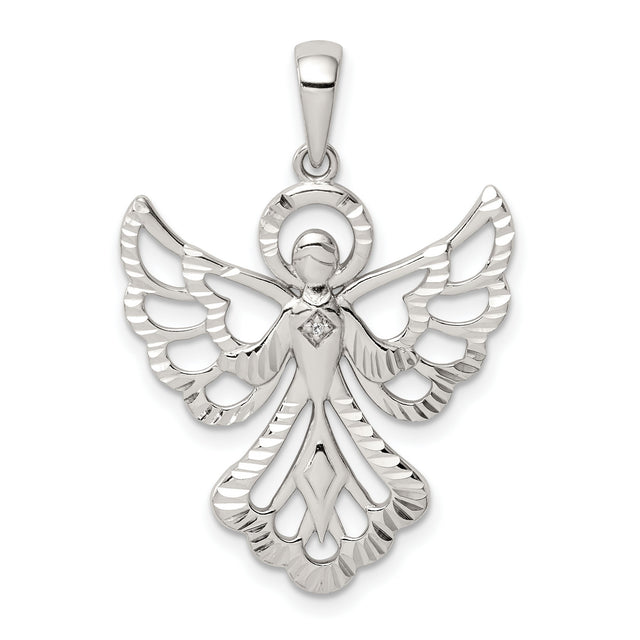Sterling Silver Angel Pendant with Openwork Wings and Diamond Accent for Women