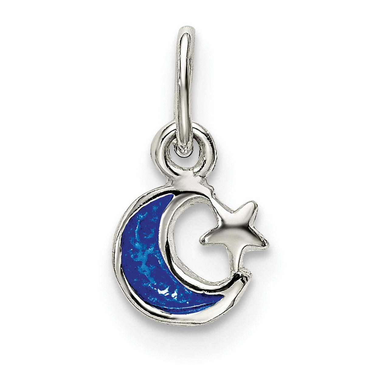 Sterling Silver Crescent Moon and Star Pendant with Blue Enamel Detailing, Celestial Charm