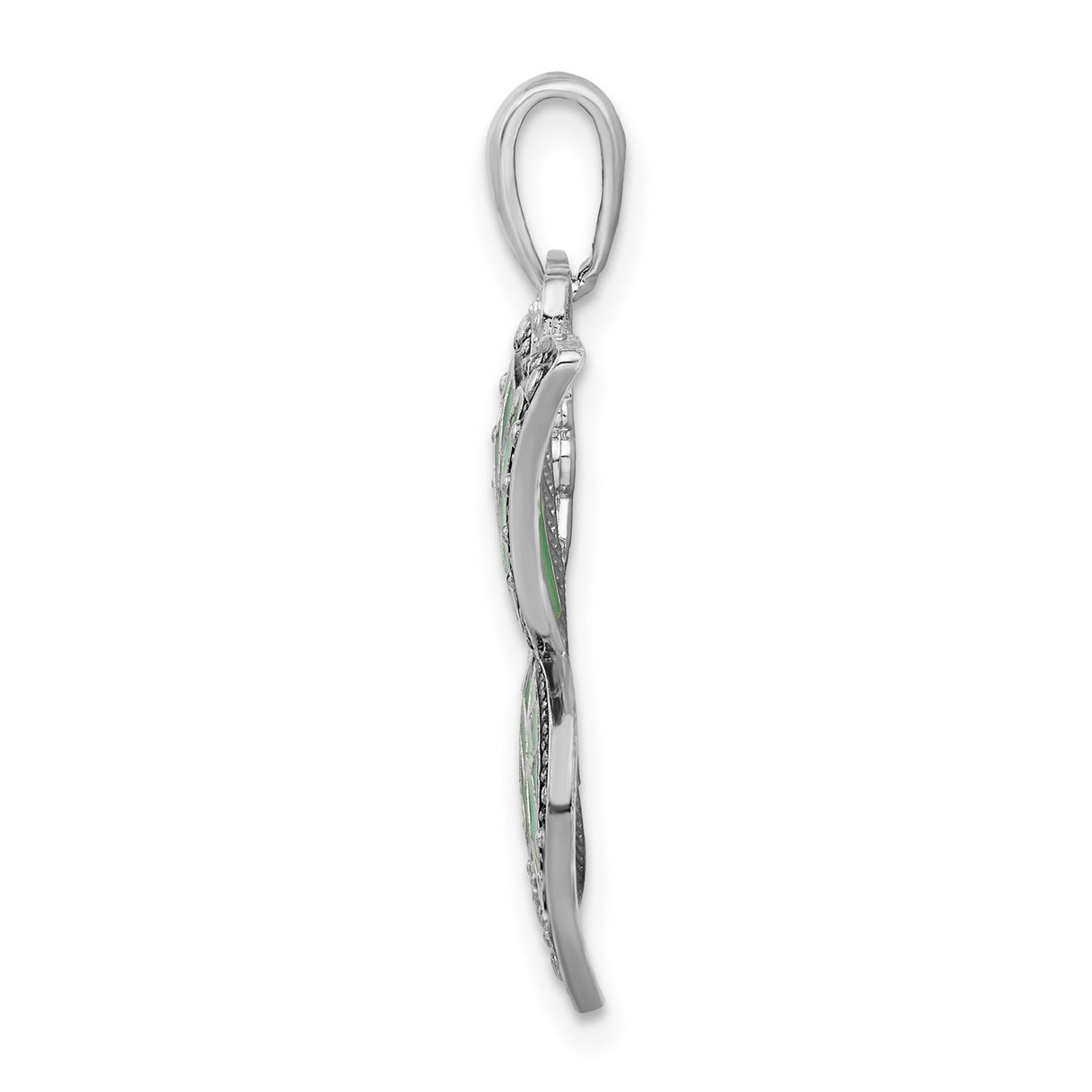 Sterling Silver Butterfly Pendant with Green Enamel Wings, Leaf Detailing, Boho Style