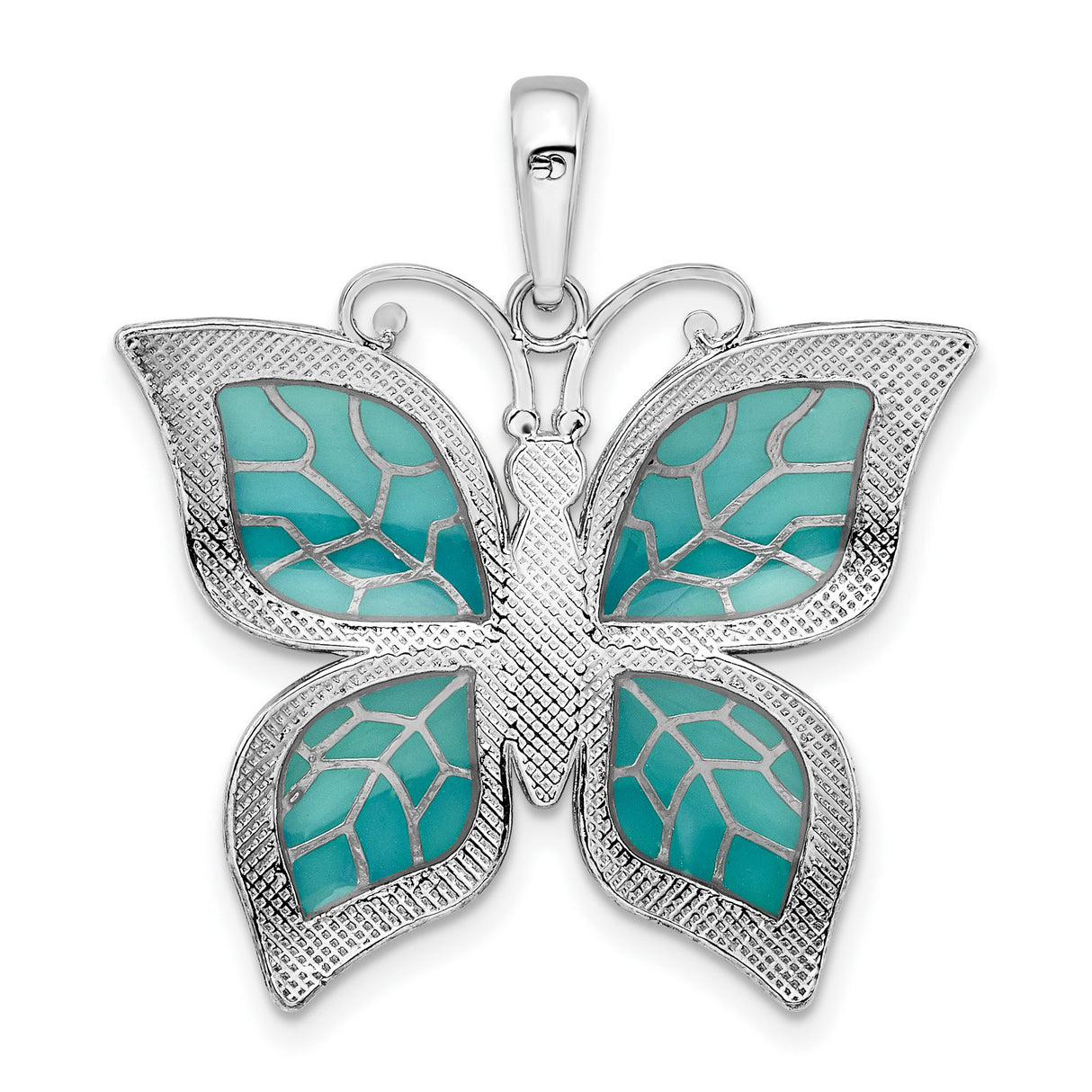 Sterling Silver Butterfly Pendant with Green Enamel Wings, Leaf Detailing, Boho Style