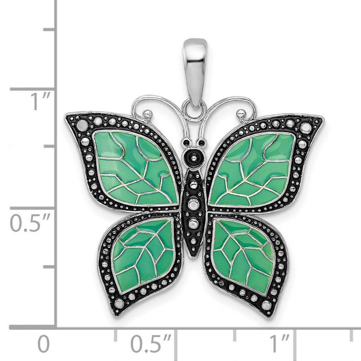 Sterling Silver Butterfly Pendant with Green Enamel Wings, Leaf Detailing, Boho Style