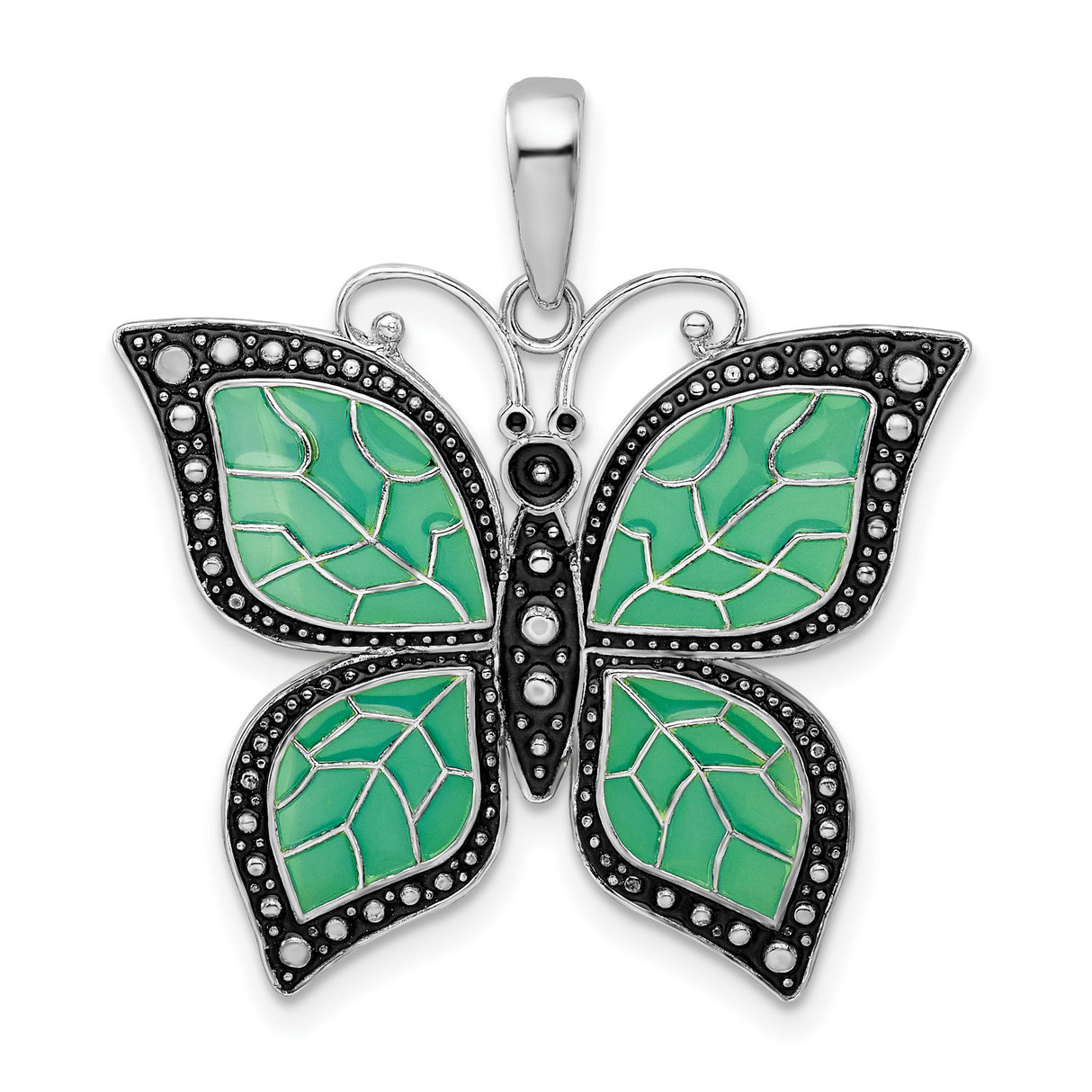 Sterling Silver Butterfly Pendant with Green Enamel Wings, Leaf Detailing, Boho Style