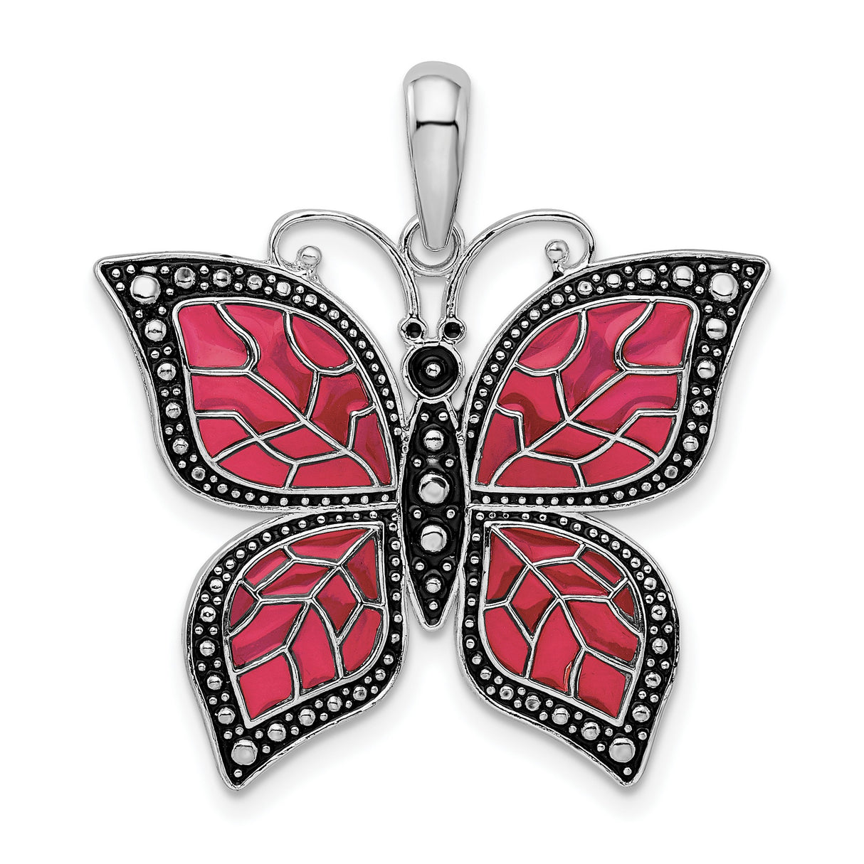 Sterling Silver Butterfly Pendant with Pink Enamel Wings and Marcasite Leaf Accents, Nature-Inspired Jewelry
