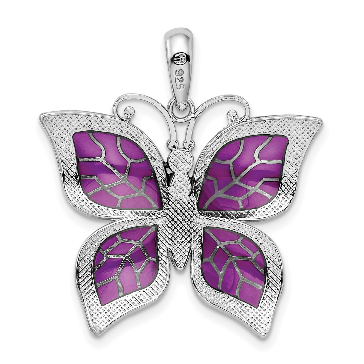 Sterling Silver Butterfly Pendant with Red Enamel Wings and Leaf Vein Pattern