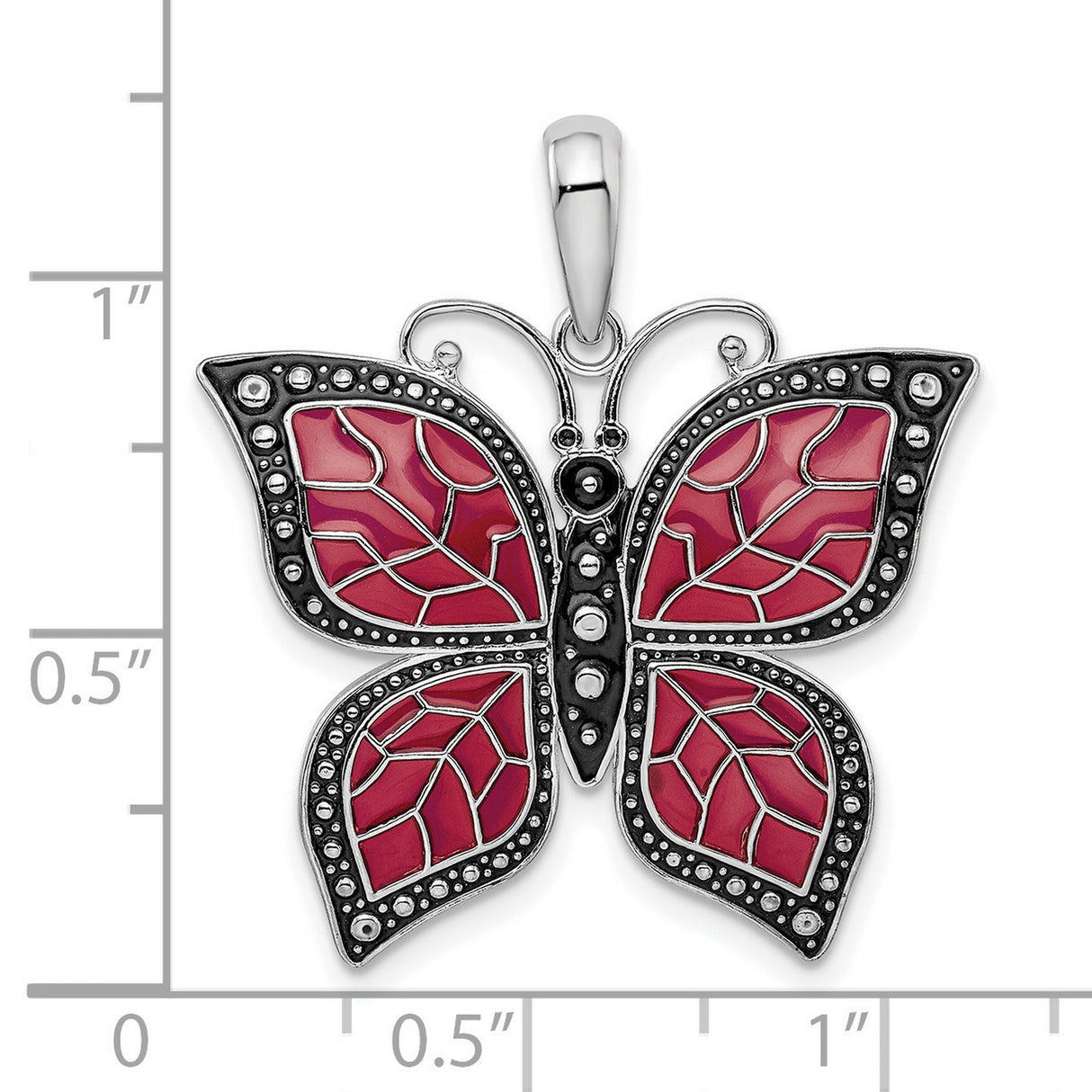 Sterling Silver Butterfly Pendant with Red Enamel Wings and Leaf Vein Pattern