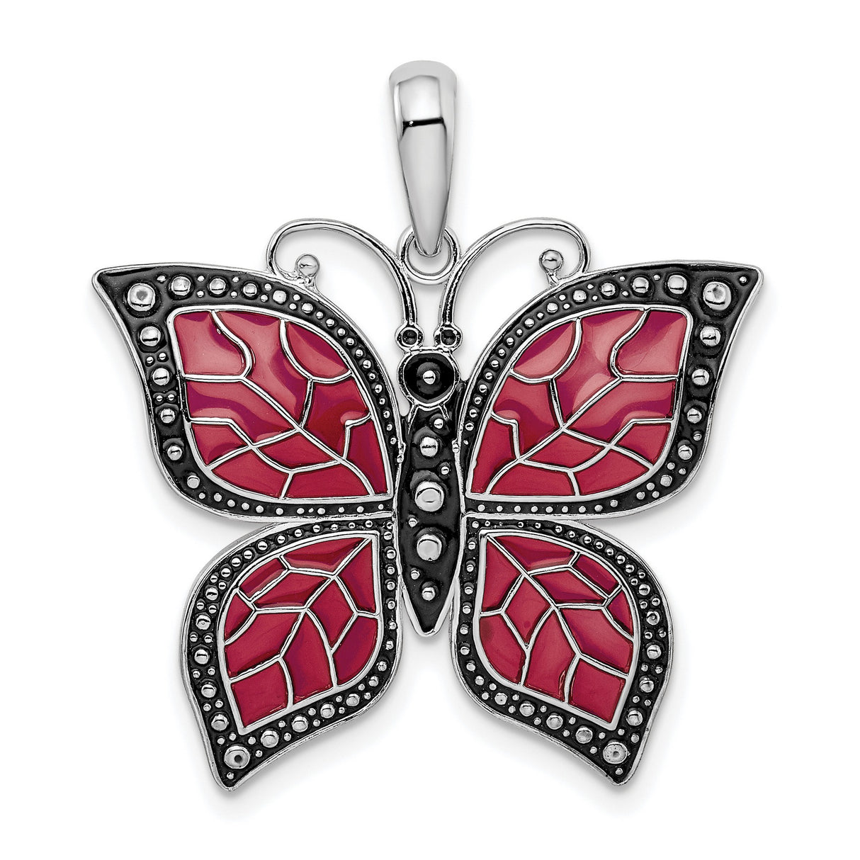 Sterling Silver Butterfly Pendant with Red Enamel Wings and Leaf Vein Pattern