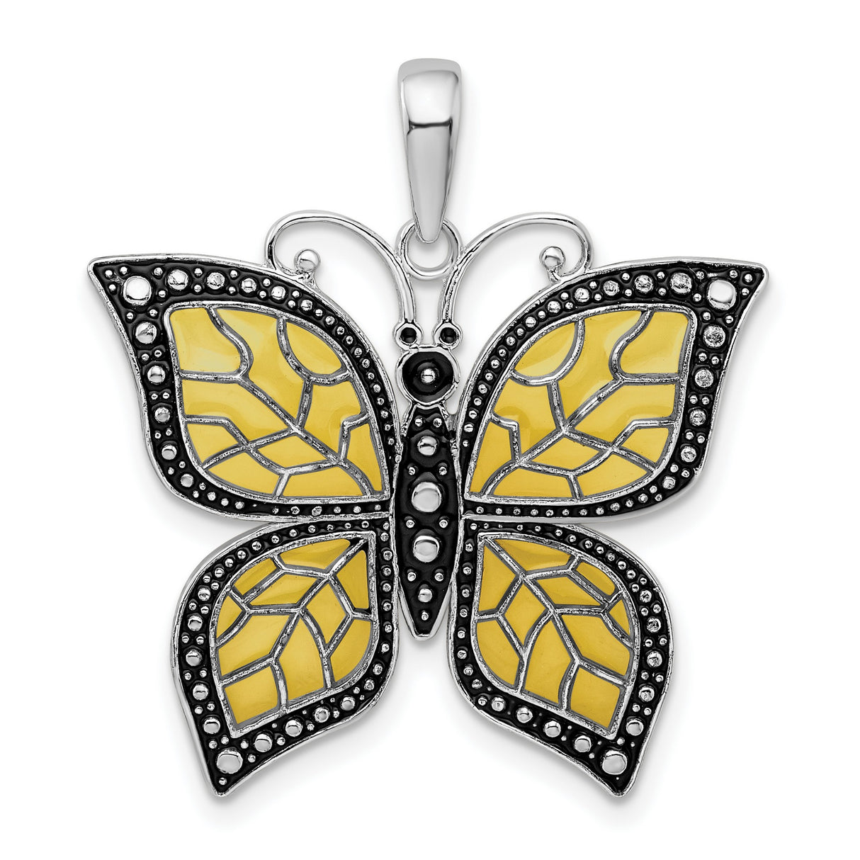 Sterling Silver Butterfly Pendant with Yellow Enamel Wings and Marcasite Accents