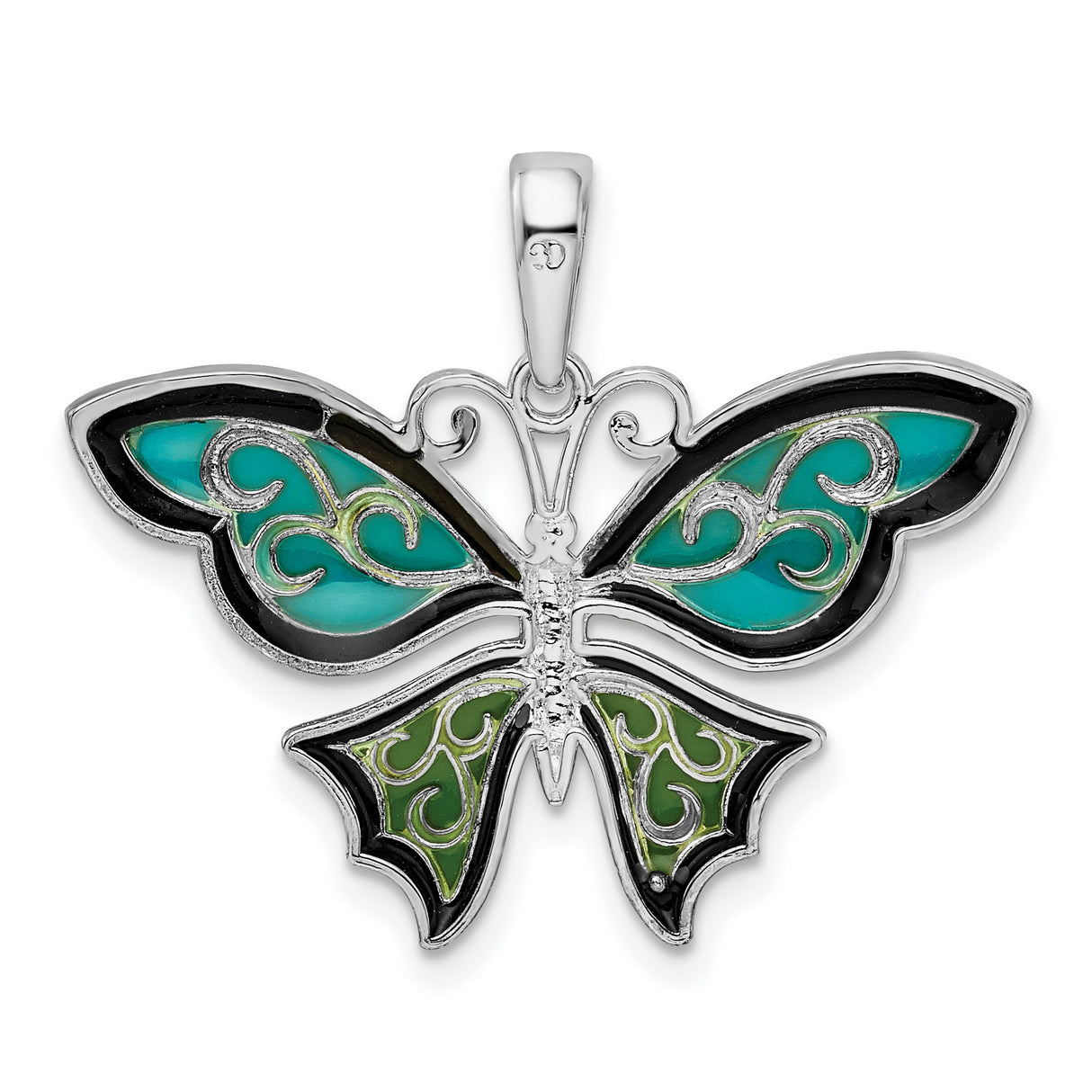 Sterling Silver Butterfly Pendant with Green and Turquoise Enamel Wings, Nature Inspired Design