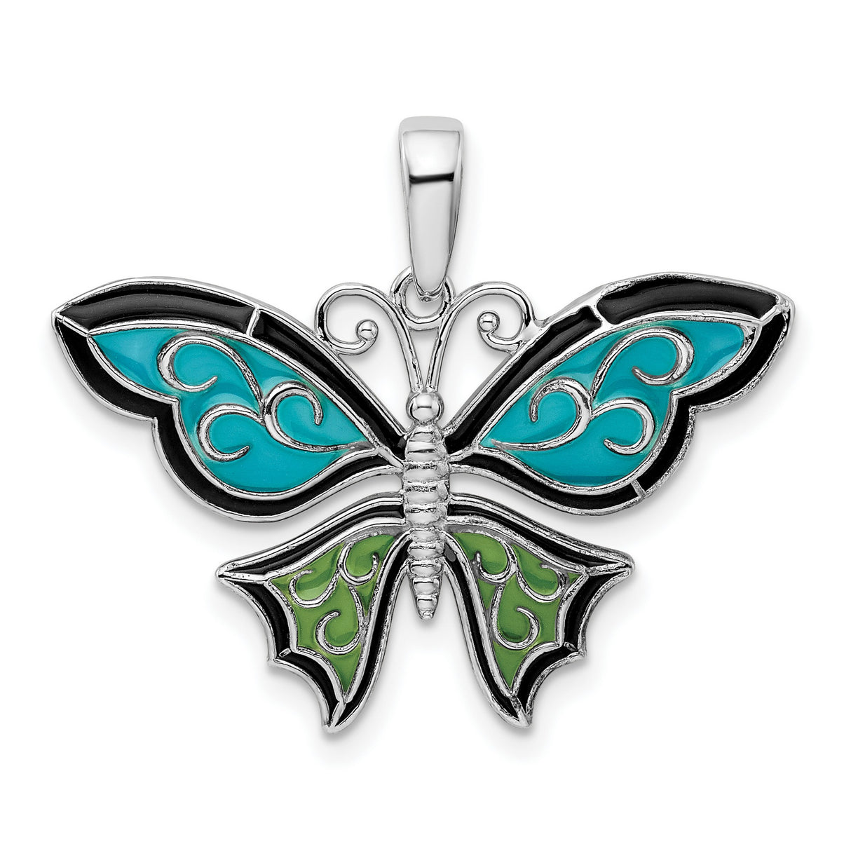 Sterling Silver Butterfly Pendant with Green and Turquoise Enamel Wings, Nature Inspired Design