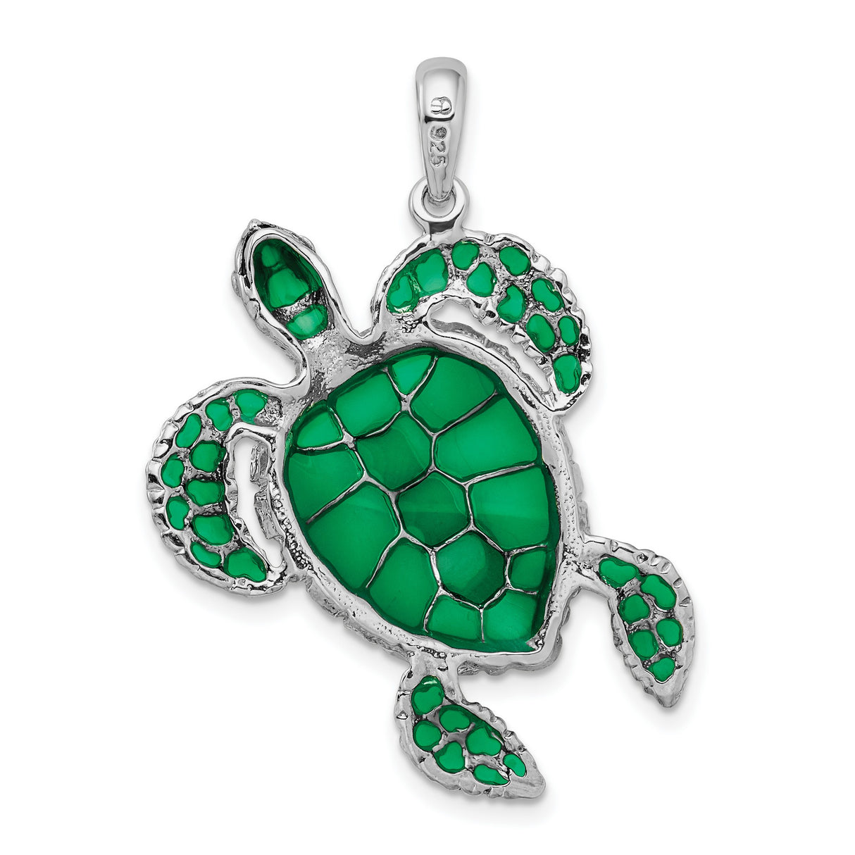Sterling Silver Sea Turtle Pendant with Green Enamel, Ocean-Inspired Animal Jewelry