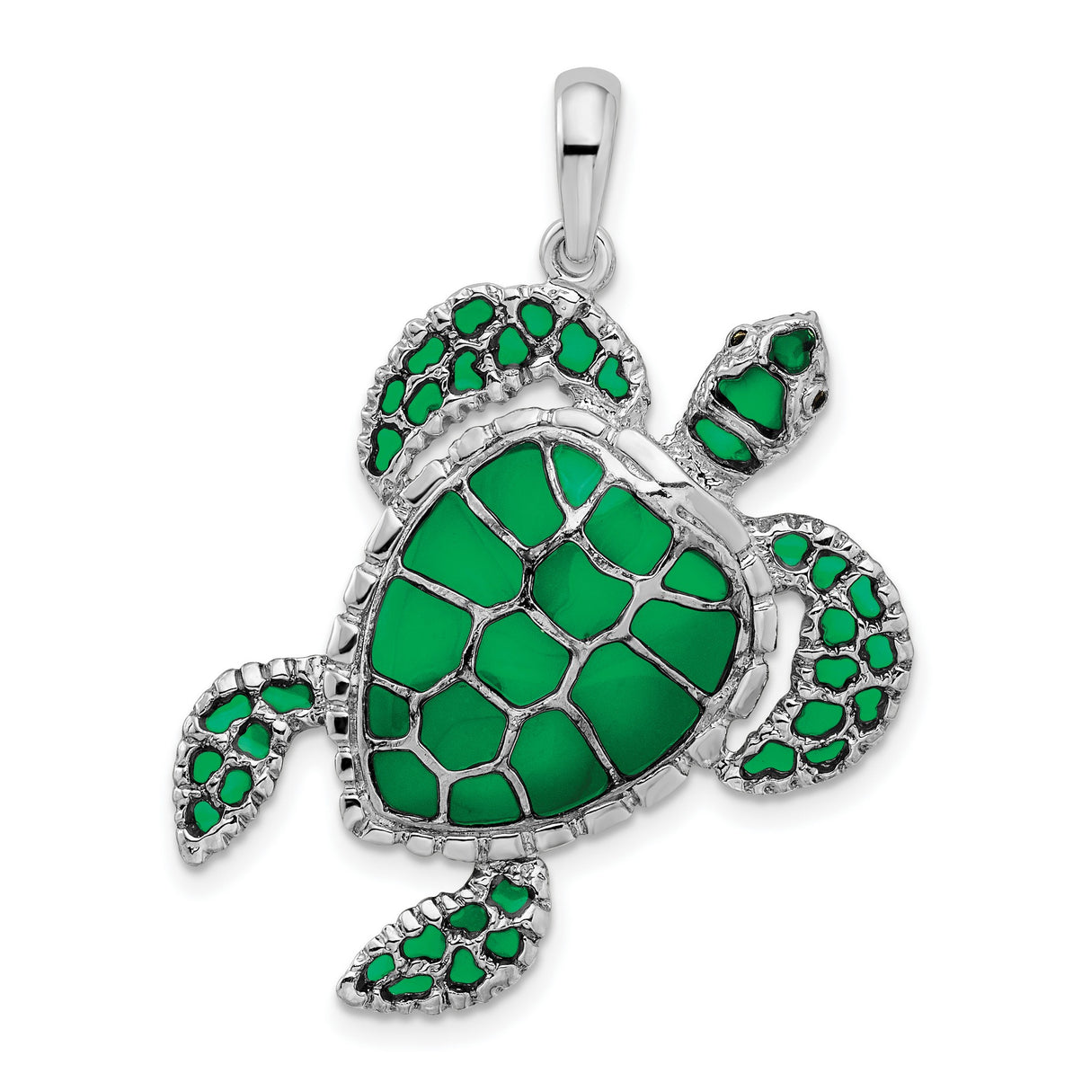 Sterling Silver Sea Turtle Pendant with Green Enamel, Ocean-Inspired Animal Jewelry