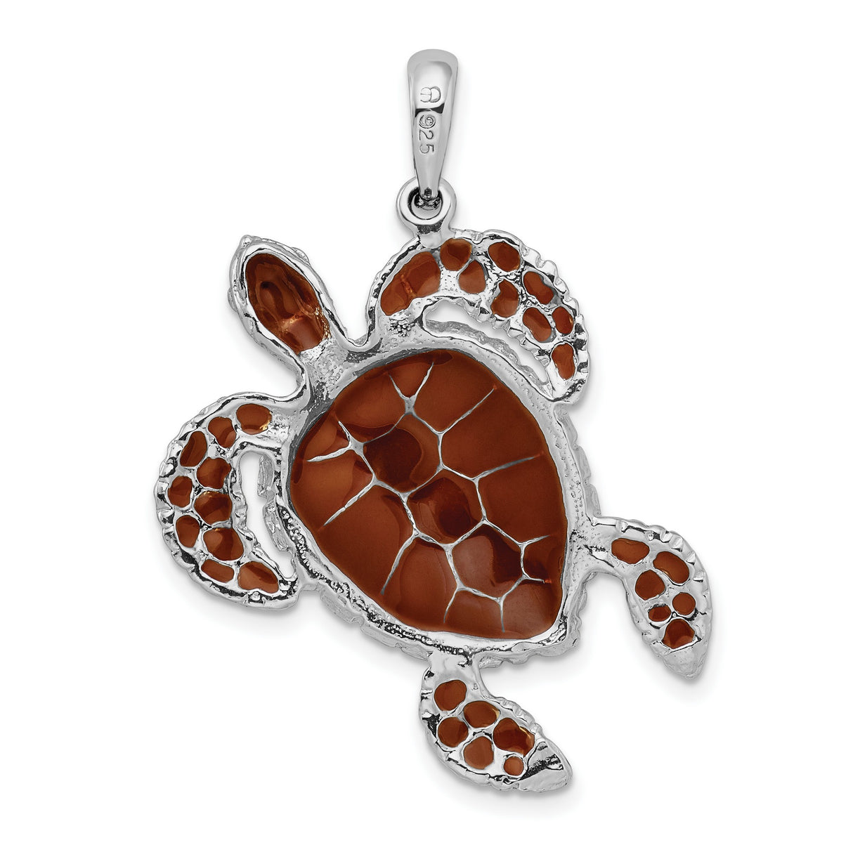 Sterling Silver Turtle Pendant with Brown Enamel Inlay, Nautical Ocean Theme