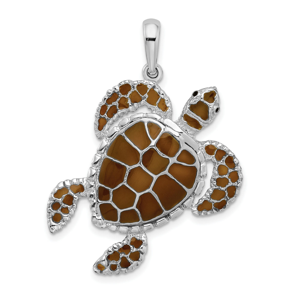 Sterling Silver Turtle Pendant with Brown Enamel Inlay, Nautical Ocean Theme