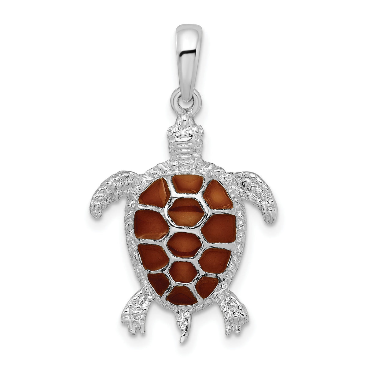 Sterling Silver Turtle Pendant with Brown Enamel Shell, Nautical Ocean Theme Jewelry