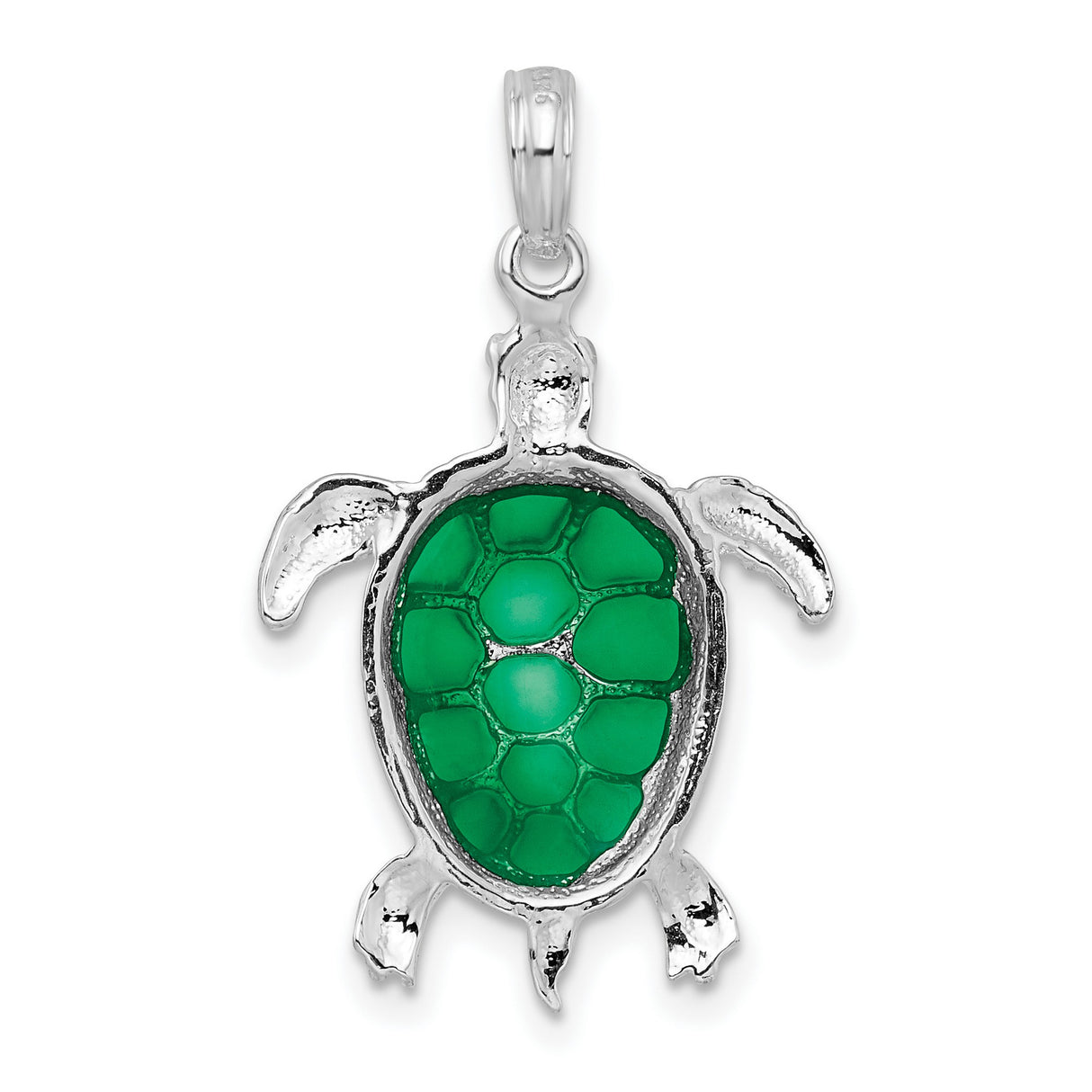 Polished Enameled Green Sea Turtle Charm Pendant in Real 925 Sterling Silver