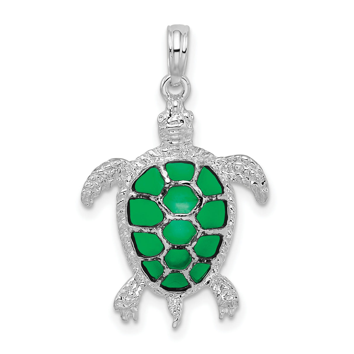 Polished Enameled Green Sea Turtle Charm Pendant in Real 925 Sterling Silver