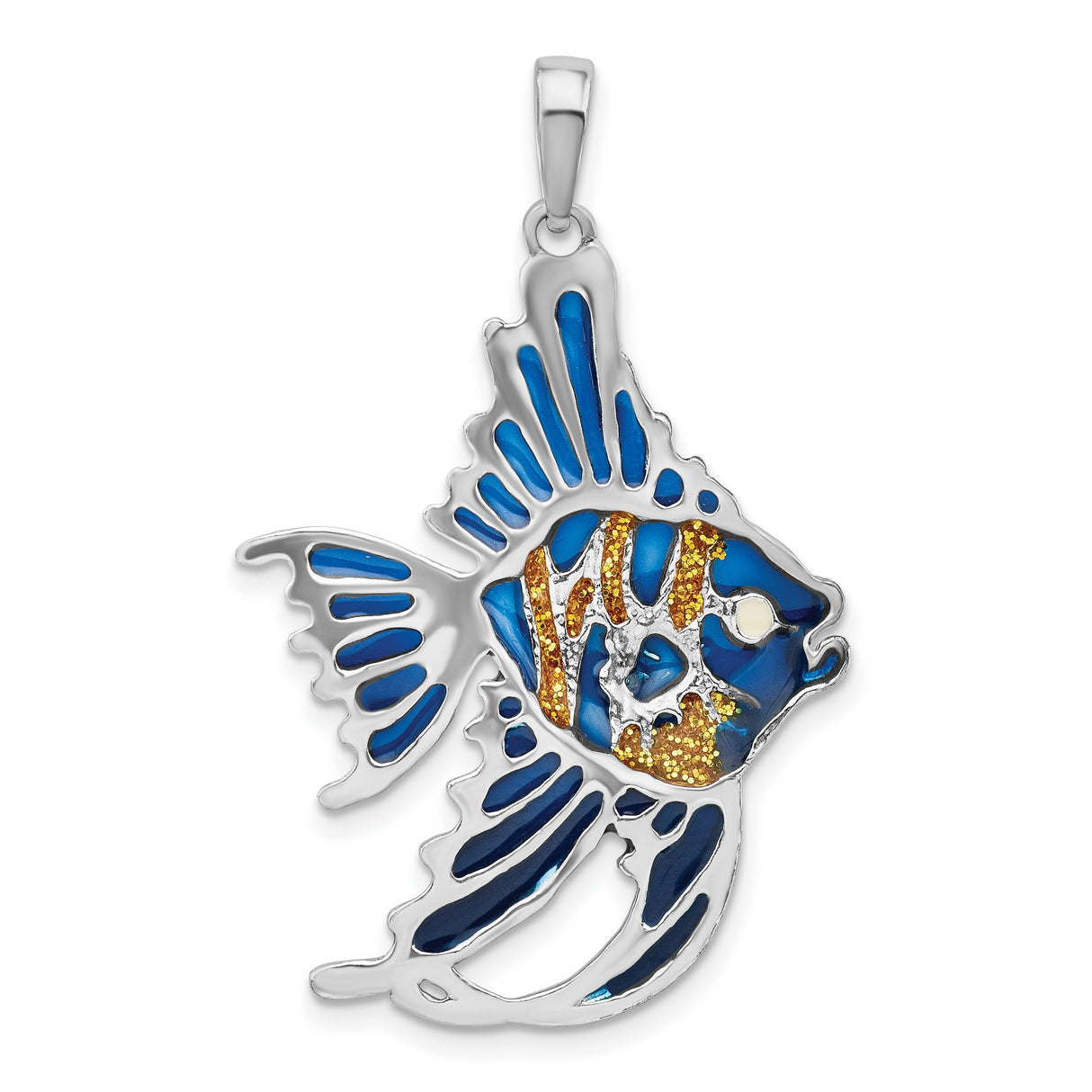 Sterling Silver Angelfish Pendant with Blue Enamel and Yellow Glitter Accents, Ocean-Inspired Design