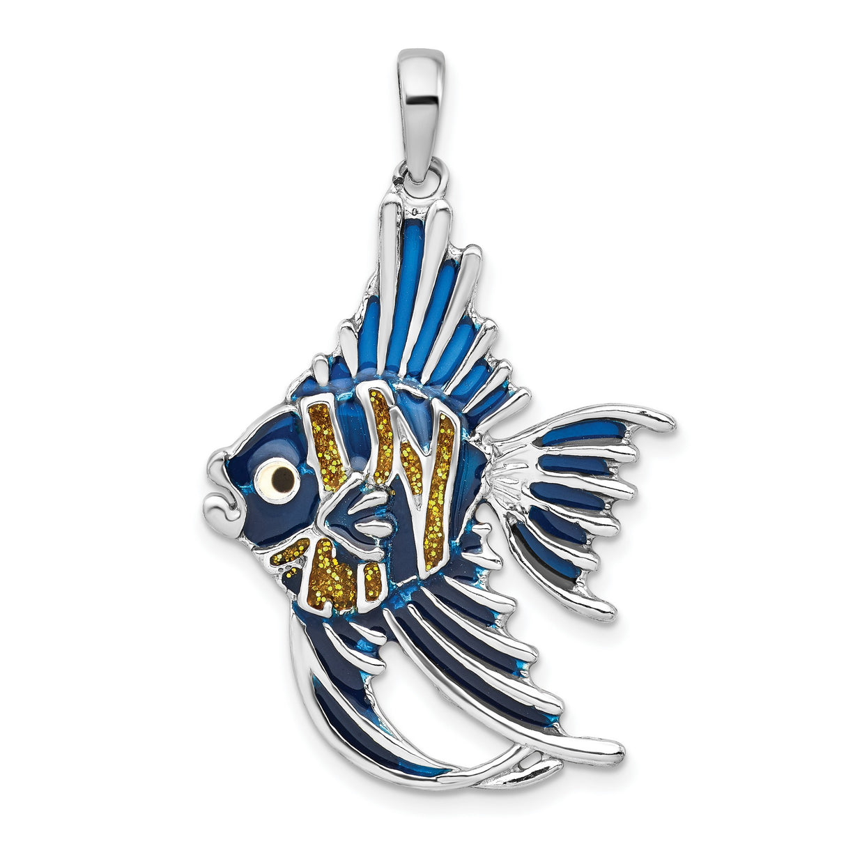 Sterling Silver Angelfish Pendant with Blue Enamel and Yellow Glitter Accents, Ocean-Inspired Design