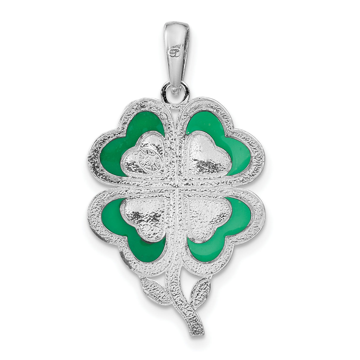 Sterling Silver Clover Pendant with Green Enamel Heart Leaves, Lucky Four Leaf Design