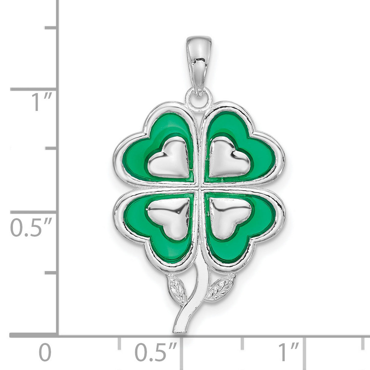 Sterling Silver Clover Pendant with Green Enamel Heart Leaves, Lucky Four Leaf Design