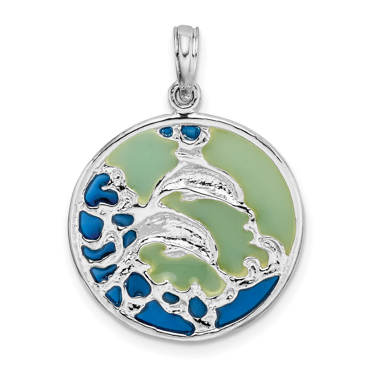 Sterling Silver Dolphin Pendant with Blue Green Enamel, Three Dolphins, Ocean Waves Theme