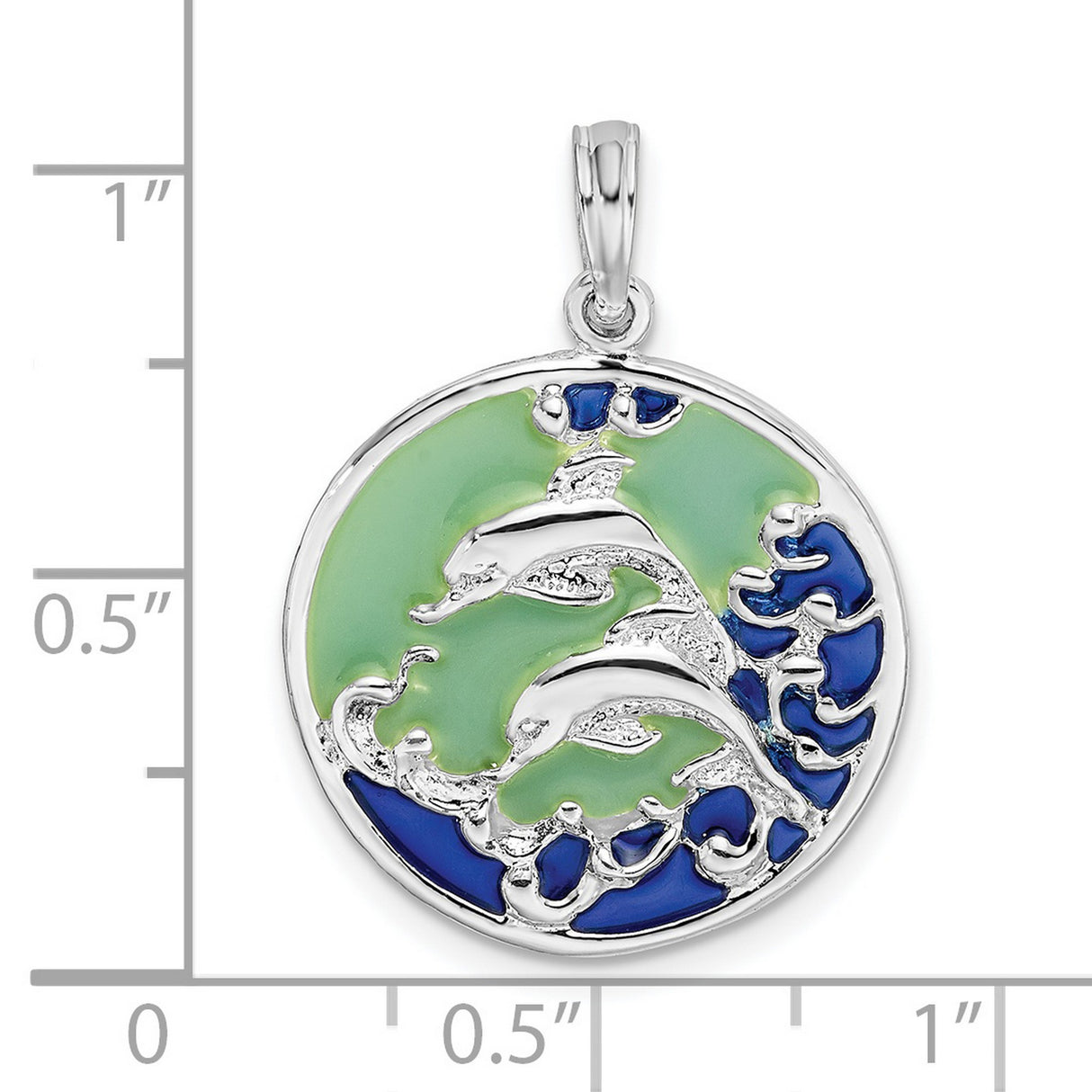 Sterling Silver Dolphin Pendant with Blue Green Enamel, Three Dolphins, Ocean Waves Theme