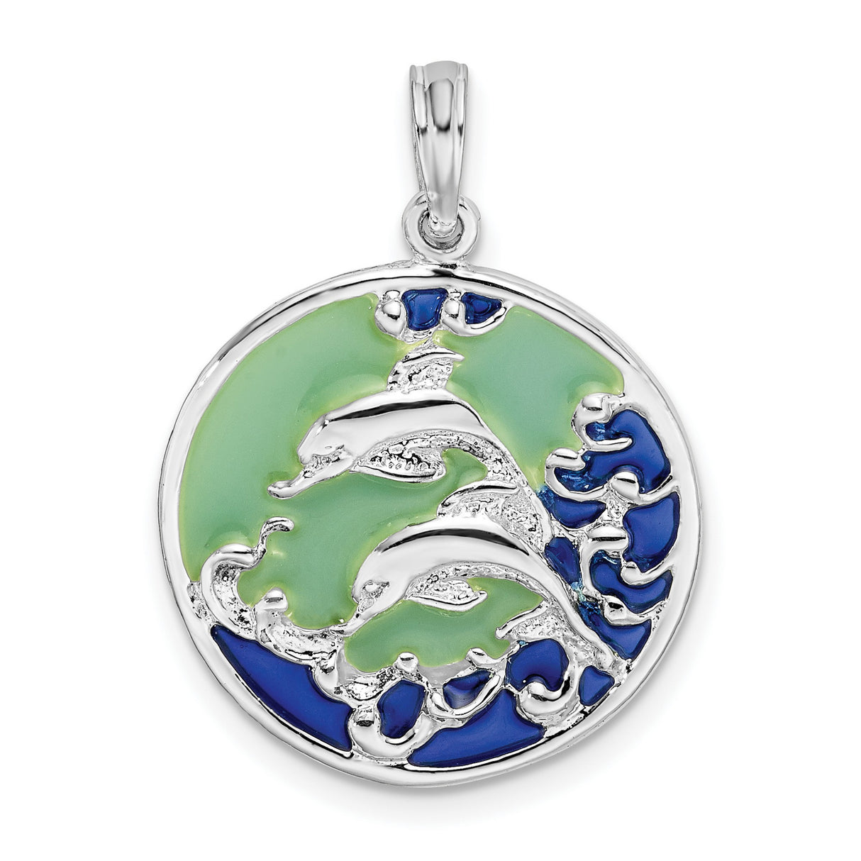 Sterling Silver Dolphin Pendant with Blue Green Enamel, Three Dolphins, Ocean Waves Theme