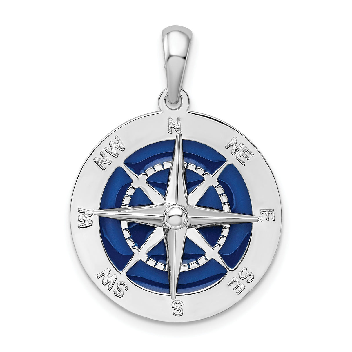 Polished Enameled Large Compass Charm Pendant in Real 925 Sterling Silver