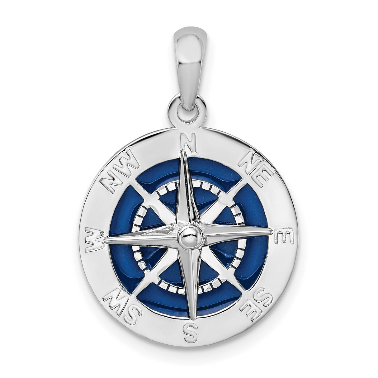 Sterling Silver Compass Pendant with Blue Enamel Accents, Nautical Travel-Inspired Design
