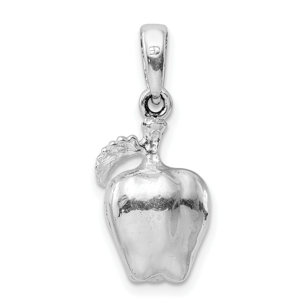 Sterling Silver Apple Pendant with Detailed Leaf, Three-Dimensional Fruit Charm Design